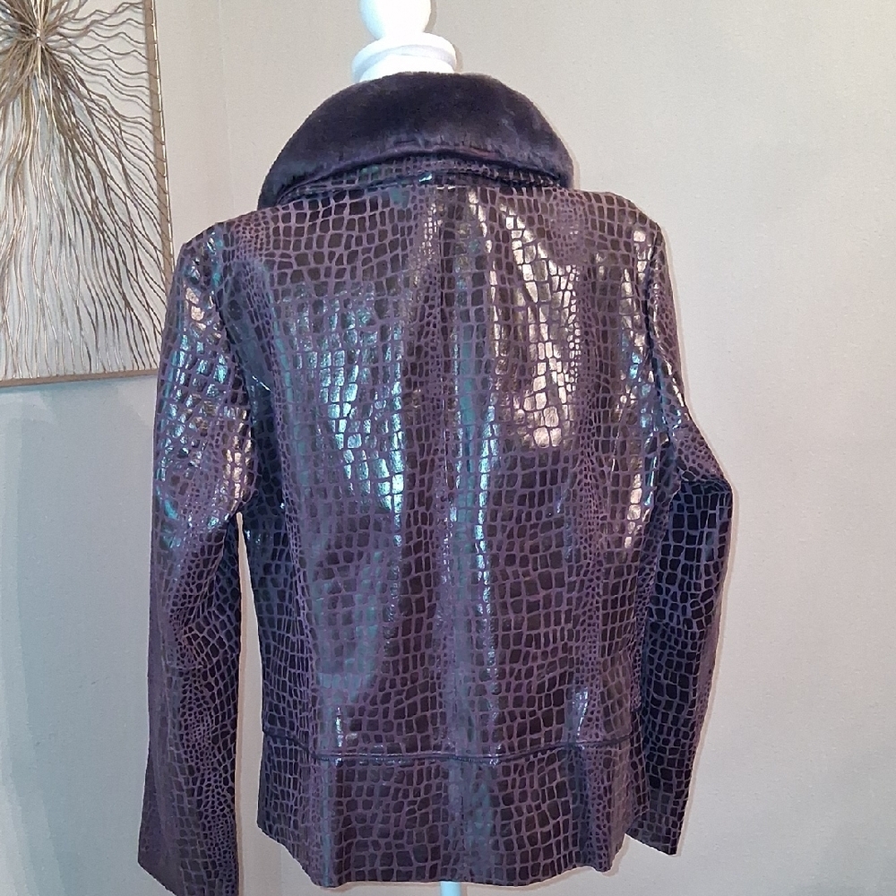 Leather Croc-Embossed Jacket with Fur Collar - Purple - Picture 8 of 9